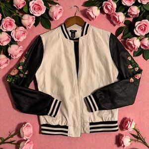 Rue21 Black and White Bomber Jacket with Floral Embroidery